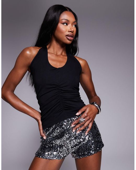 ASOS Black Twist Strap Asymmetric Ruched Side Top