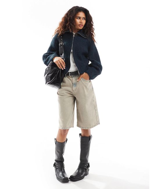 Weekday Blue Bea Wool Blend Zip Through Cardigan With Oversized Collar