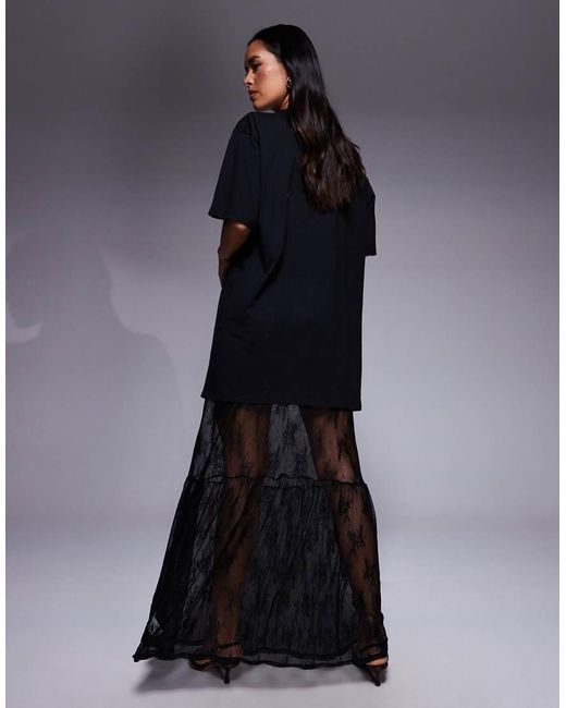 Fashionkilla Blue Exclusive Cotton Lace Tiered Hem Maxi T-shirt Dress