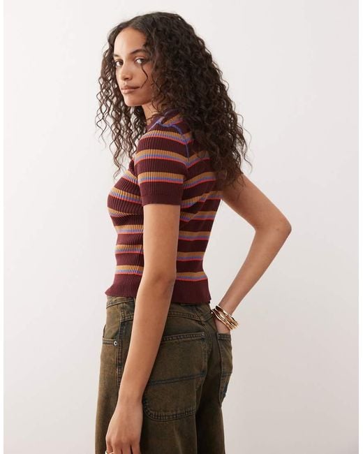Monki Red Compact Rib Knit Short Sleeve Top
