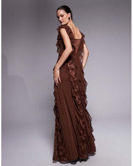 AFRM Brown Trista Lace Insert Ruffle Maxi Dress