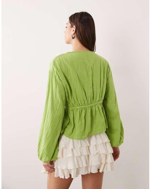 ASOS Green Long Sleeve Smock Top With Button Front