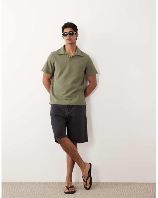 Mango Green Cotton Rich Textured Knit Revere Neck T-shirt for men