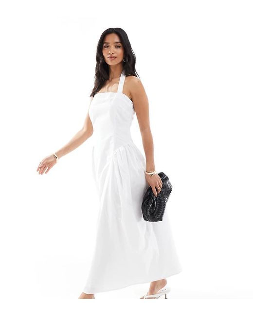 4th + Reckless Petite White Poplin Square Neck Halterneck Drop Waist Puff Skirt Maxi Dress