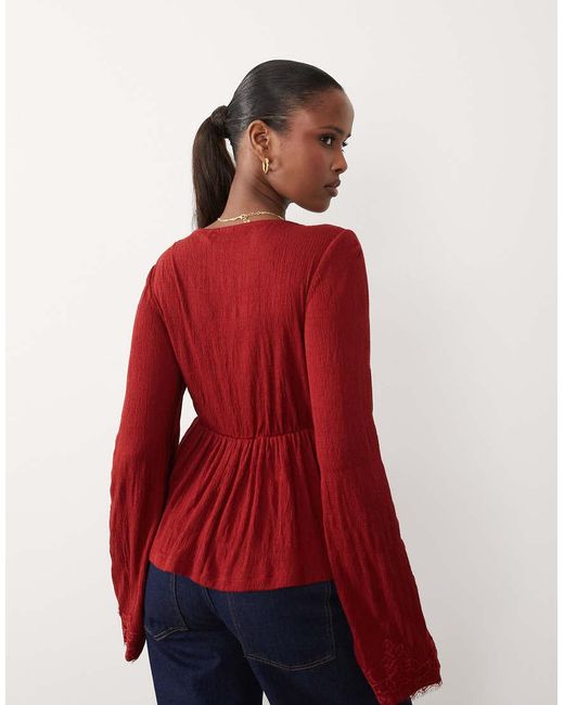 ASOS Red Crinkle Lace Trim Plunge Top With Flare Sleeve