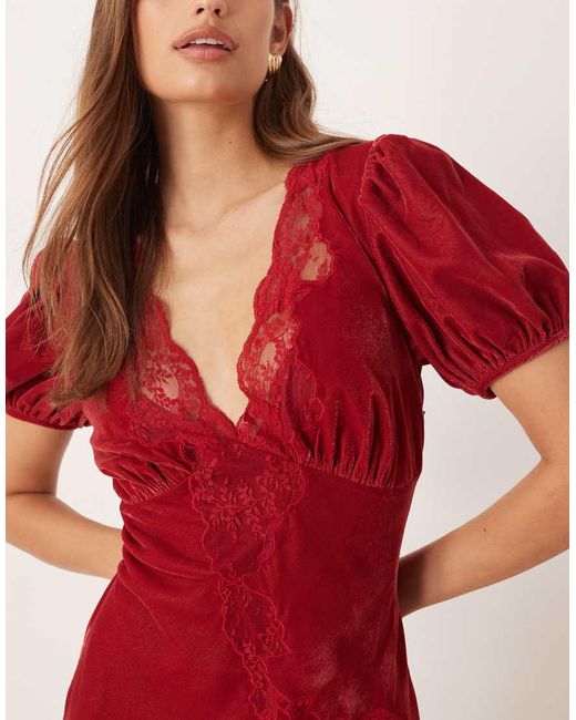 ASOS Red Velvet Tea Maxi Dress With Lace Trim
