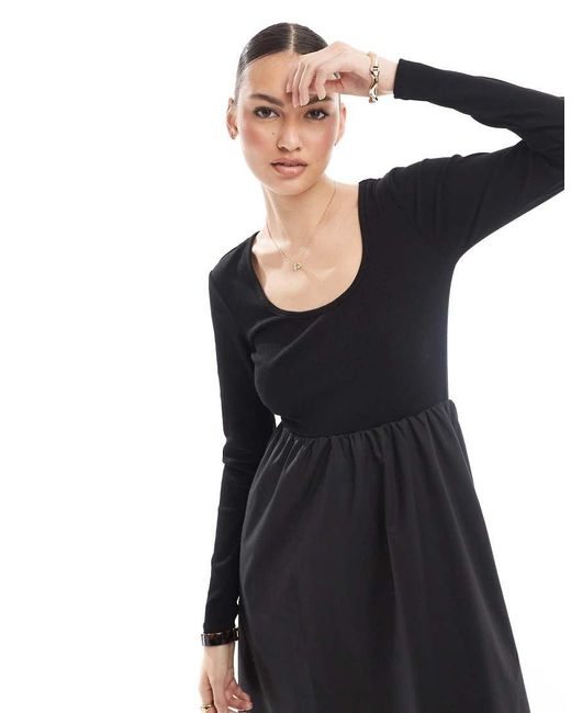 Vestido Midi De Manga Larga De Mezcla De Popelina Y Punto Liso De Threadbare de color Black