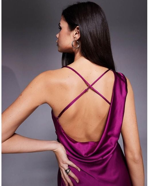 TFNC London Purple Satin Draped Neck Cross Back Maxi Dress