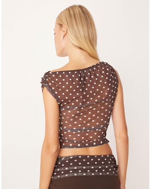 ASOS Brown Co-ord Gathered Short Sleeve Off Shoulder Mesh Top