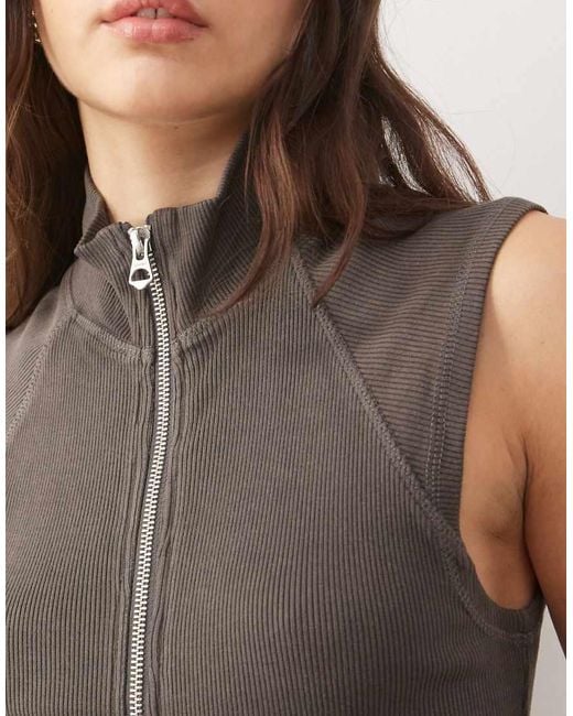 Weekday Gray Mock Neck Zip Through Sleeveless Top