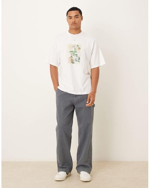 SELECTED White Oversized T-shirt With Front Floral Print for men