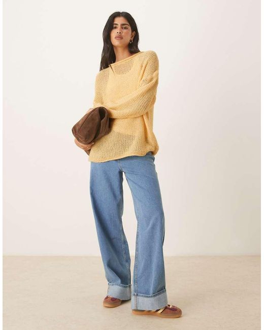 ASOS Yellow Knit Relaxed Slash Neck Sweater With Rolled Edge Details
