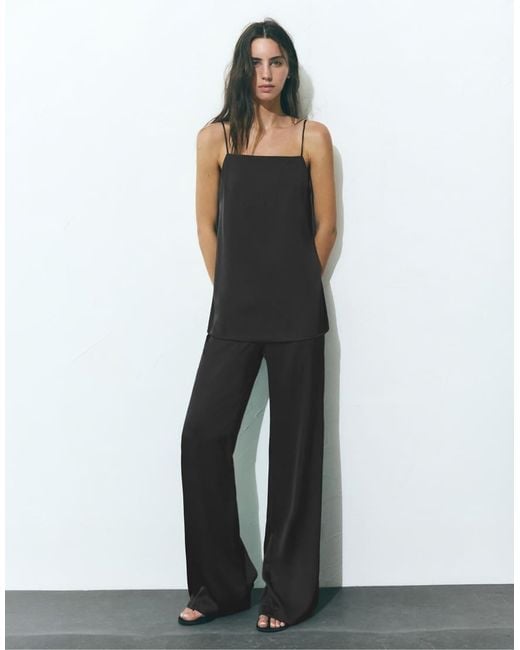 Pull&Bear Black Satin Fabric Strappy Top