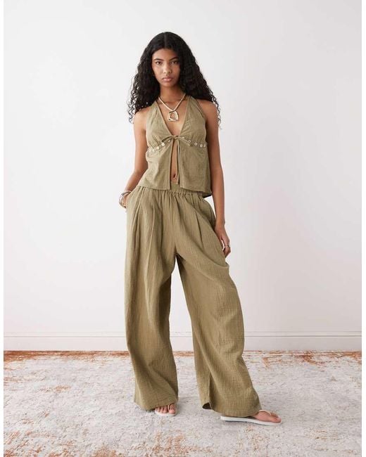 Collusion Brown Cheesecloth Halter Beach Top With Button Trim