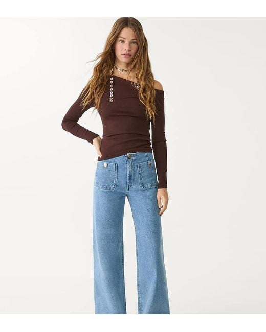 Stradivarius Blue Tall D77 Straight Leg Jean With Button Detail