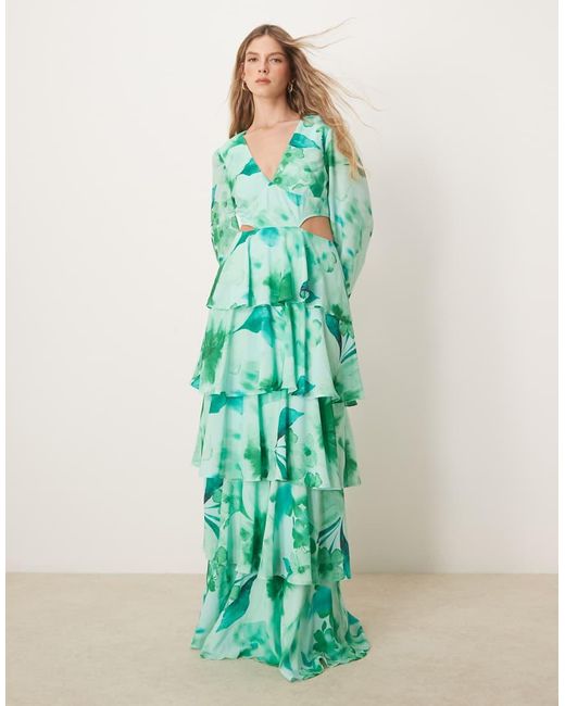 Pretty Lavish Green Cut Out Tiered Ruffle Maxi Dress