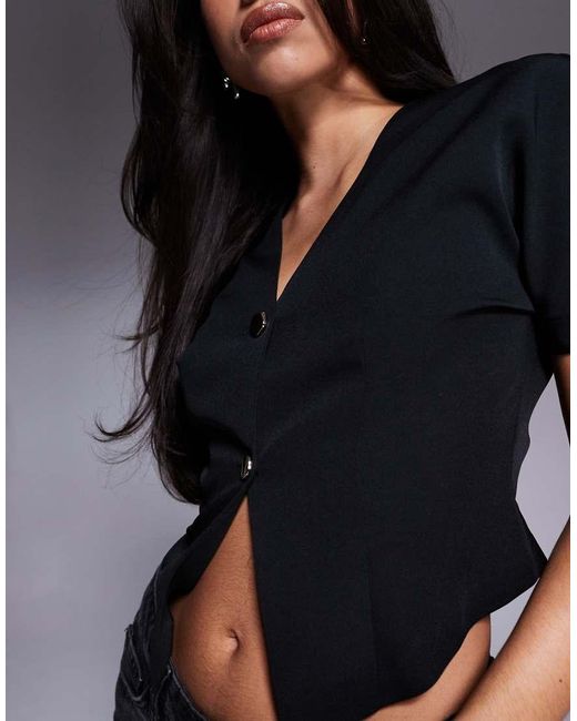 ASOS Blouse Met Structuur, Korte Mouwen En Knoopdetail in het Black
