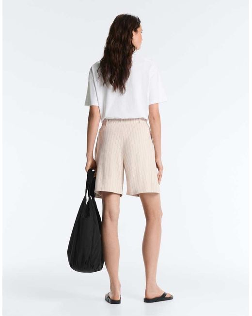 Oysho White Wide Striped Pleated Bermuda Shorts