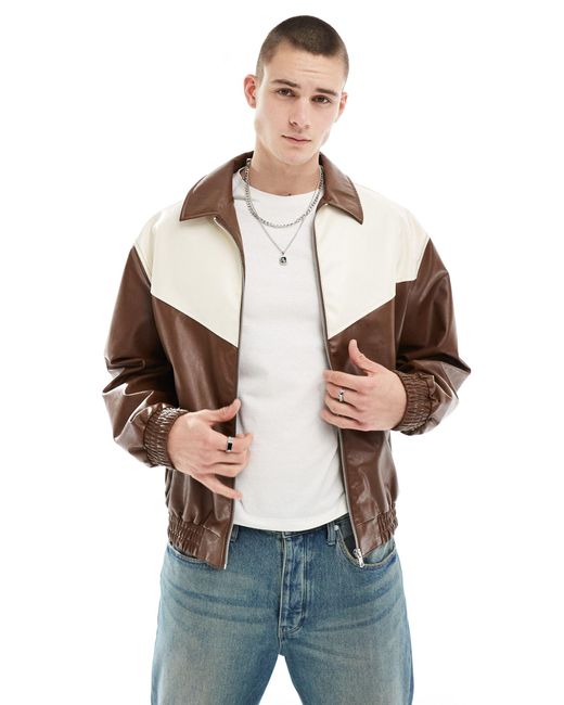 ASOS Brown Oversized Faux Leather Bomber Jacket With Cut And Sew Detail for men