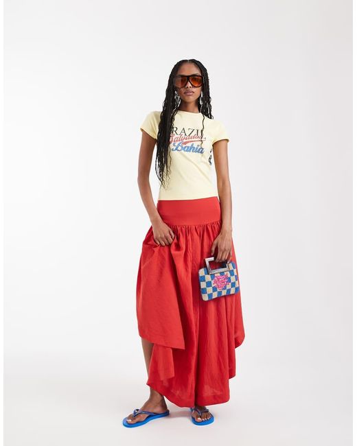 ASOS Red Dropped Waist Hitched Asymmetric Skirt