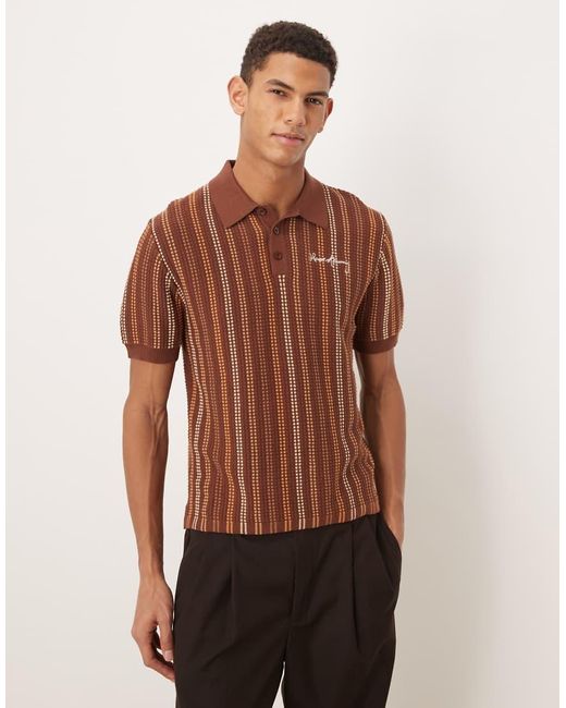 House Of Sunny Brown Knitted Striped Polo Shirt for men