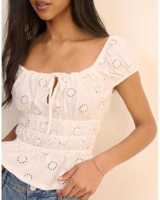 Nobody's Child Natural Broderie Anglaise Shirred Milkmaid Top