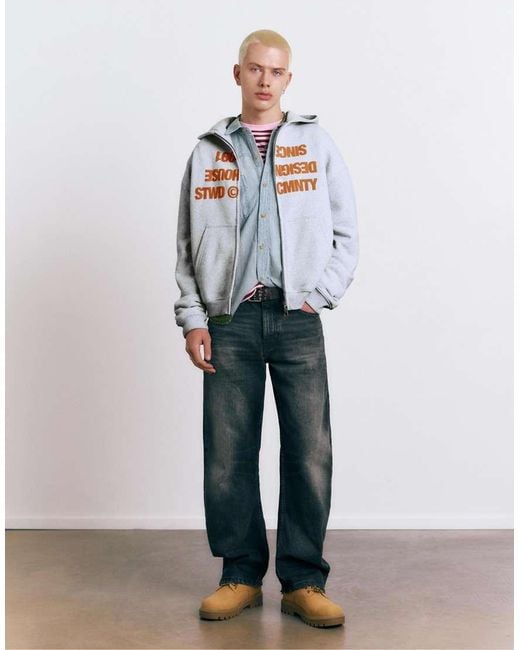 Pull&Bear White Hoodie With Zip And Slogan for men