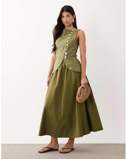 ASOS Green Linen Look Waistcoat Maxi Dress With Poplin Skirt