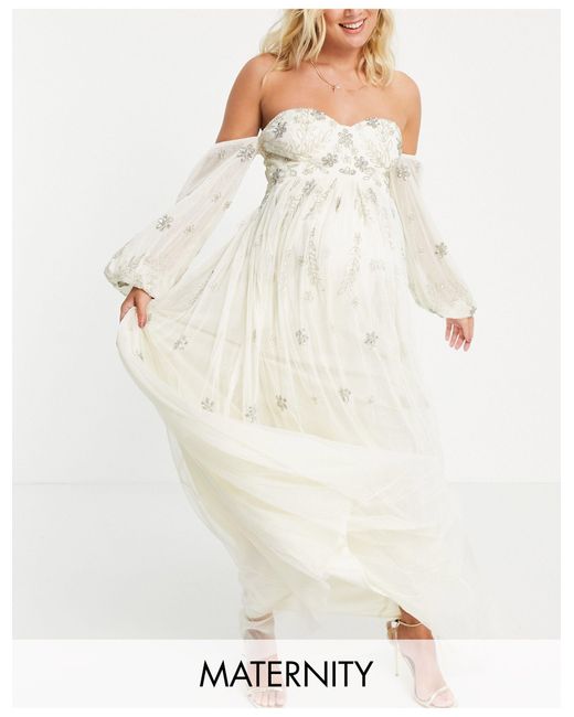 Maya Maternity White Bardot Long Sleeve Tulle Maxi Dress With Floral Sequin