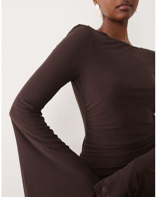 ASOS Brown Mesh Waterfall Sleeve Ruched Mini Dress