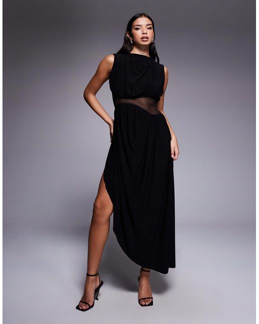 ASOS Black Midi Dress With Cowled Skirt And Mesh Cut Out Detailing