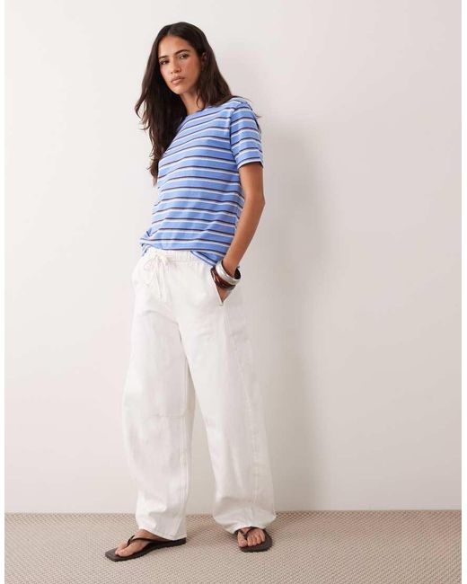Mango Blue 100% Cotton T-shirt And And Brown Stripe