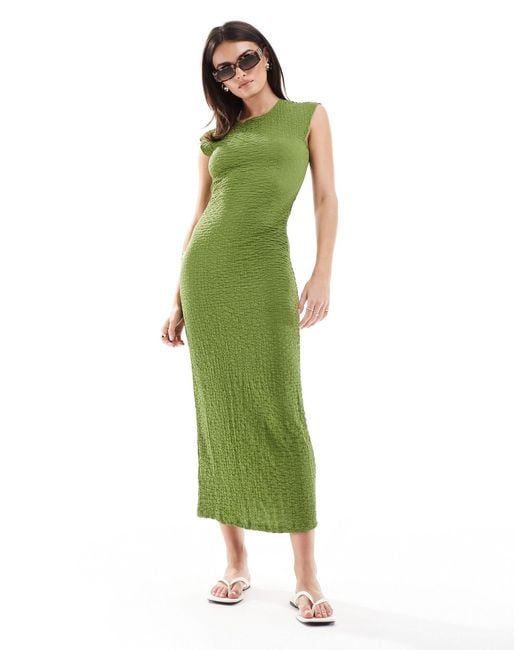 Mango Green Cap Sleeve Texture Midi Dress