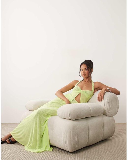 AFRM Green Amirah Mesh Lace Overlay High Rise Knot Detail Maxi Skirt
