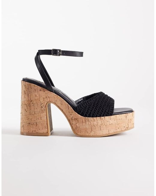 South Beach Black Crochet Cork Heeled Sandals