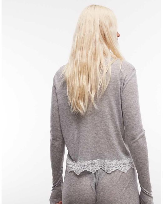 ASOS Gray Semi Sheer Long Sleeve Top With Lace Trim