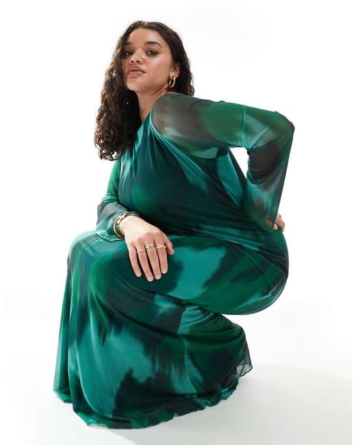 Vero Moda Maxi-Jurk Van Mesh Met Lange Mouwen En Abstracte Print in het Green
