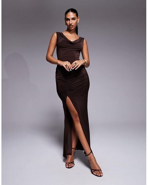 ASOS Brown Cowl Neck Midi Dress With Ruched Skirt Detailing