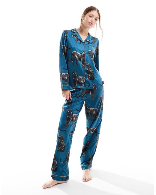 Chelsea Peers Blue Satin Panther Print Button Top And Trouser Pyjama Set