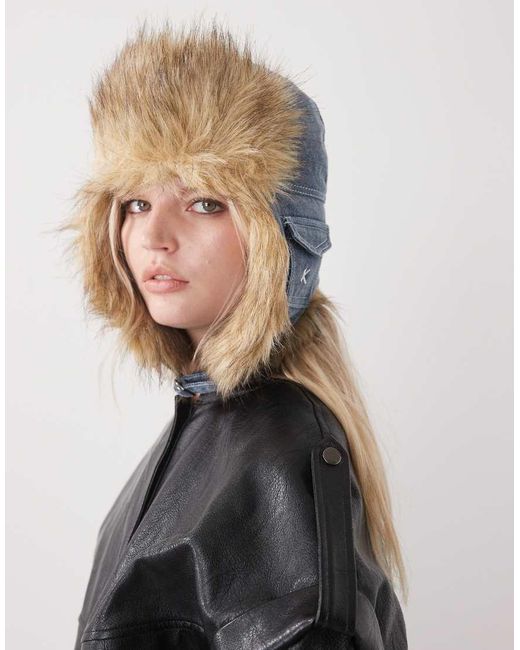 Collusion Black Denim Vintage Trapper With Faux Fur Trim