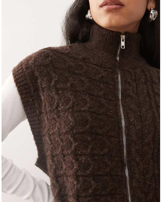 Reclaimed Vintage Brown Zip Through Cable Knitted Tank