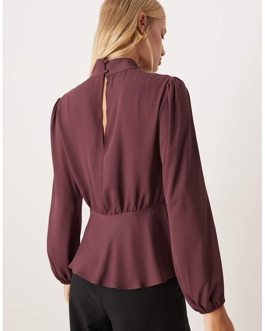 ASOS Purple High Neck Long Sleeve Peplum Blouse