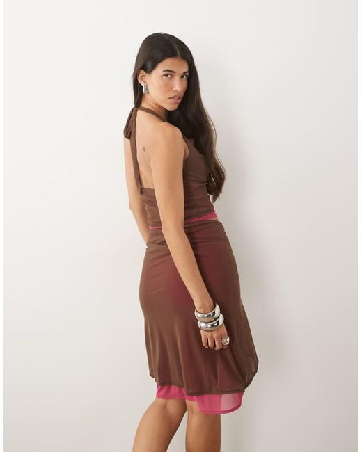 Motel Brown Branjali Cowl Neck Pink Lace Hem Top