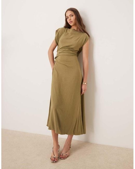 ASOS Green Linen Open Back Draped Waist Midi Dress