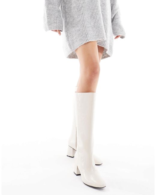 London Rebel White Nova Block Heeled Knee Boots