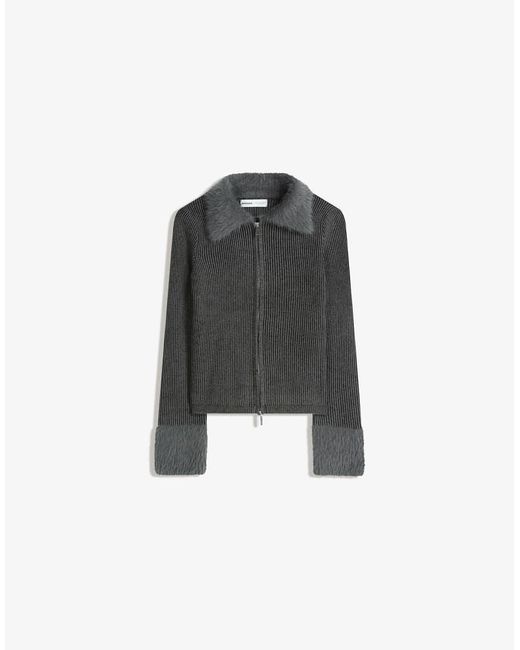 Bershka Black Zip-up Cardigan With Faux Fur Collar