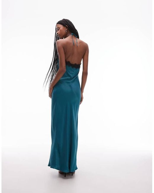 ASOS Blue Halter Neck Satin Slip Maxi Dress With Lace Trim