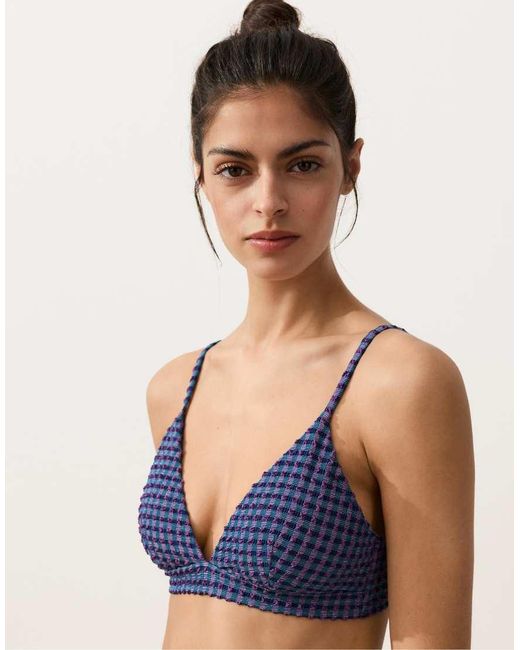 Oysho Blue Gingham Triangle Bikini Top