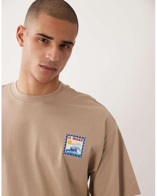 SELECTED Natural Oversized T-shirt With Small Stamp Print for men