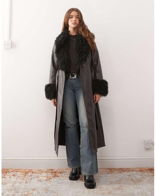 Reclaimed Vintage Black Longline Leather Look Trench Coat With Faux Fur Collar And Cuffs